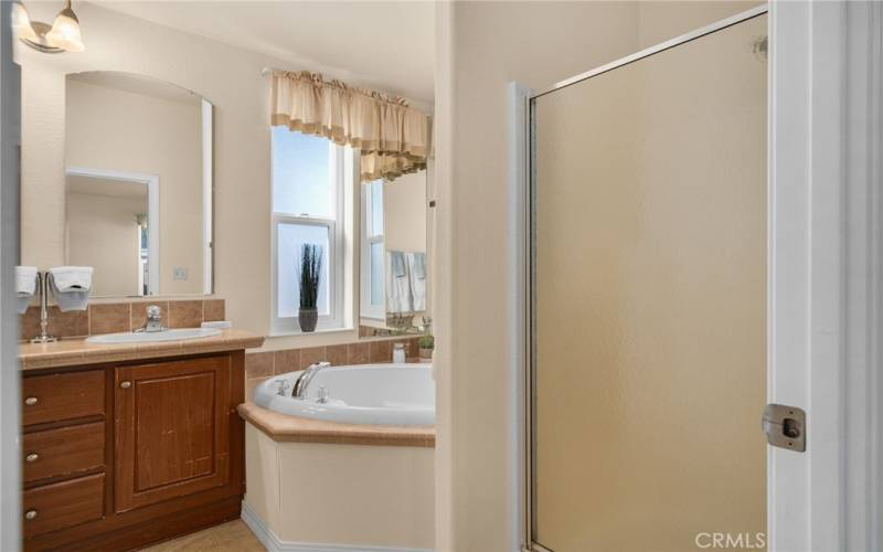 The primary bathroom has a garden tub with lots of light as well as a stand up shower.