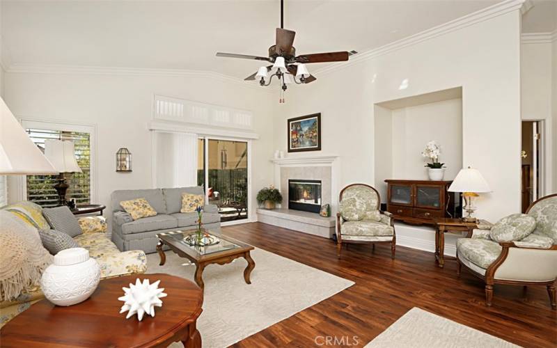 Living room with raised fireplace