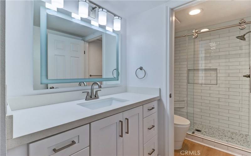 Primary Bathroom w/ Walk-In Shower, expansive Quartz-Top Vanity and LED light vanity mirror.