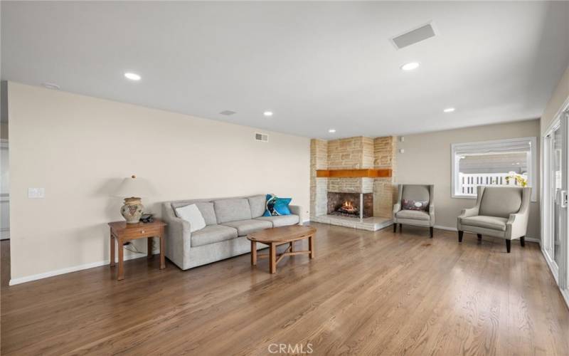 Family room with fireplace and ocean views