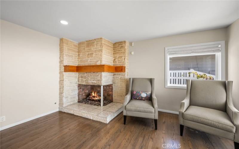 Family room with fireplace and ocean views