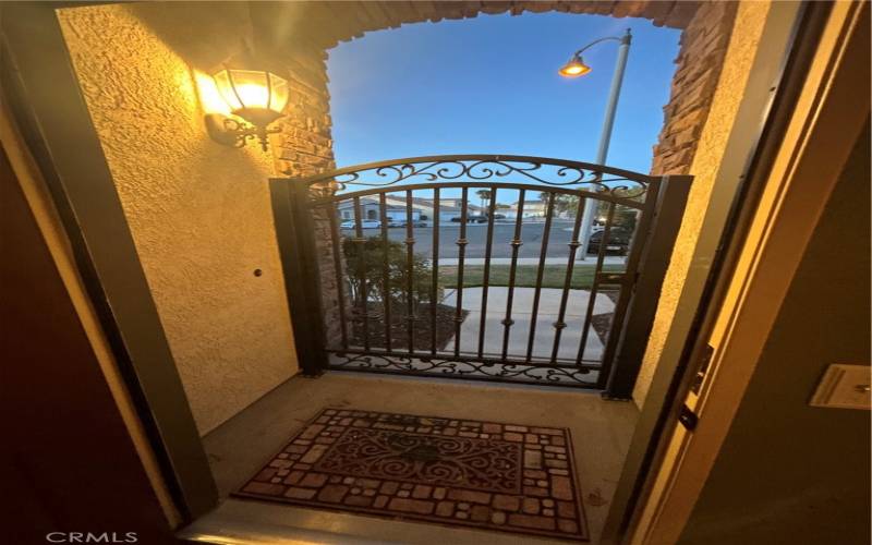 Night view of entry way gate.