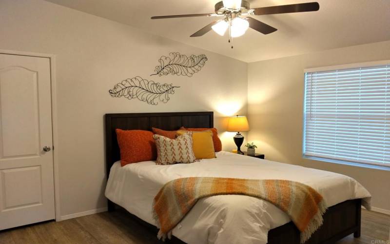 guest room with walk-in closet and ceiling fan