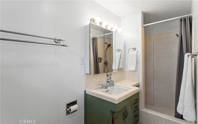 Main level bathroom with shower, sink vanity and toilet.