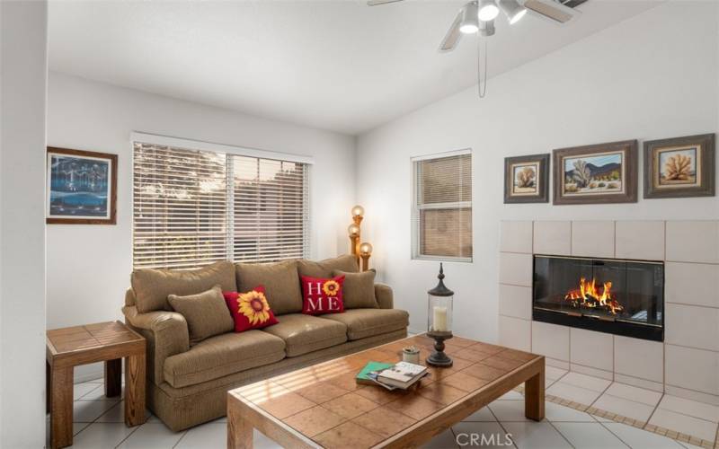 Lots of natural light and high ceiling accent this living space.
