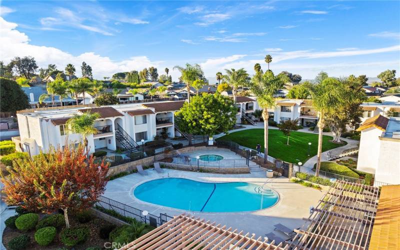 Pool and spa with grass area