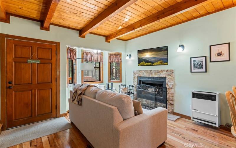 Entry and Living room with fireplace.