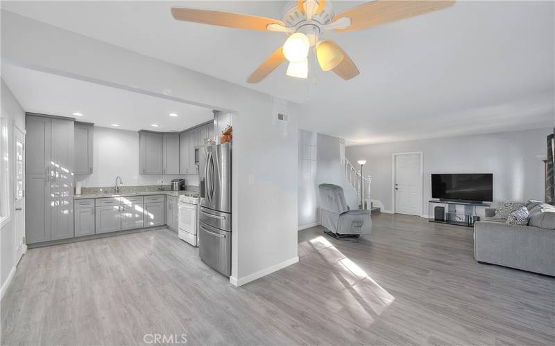 Kitchen, dining area and living room