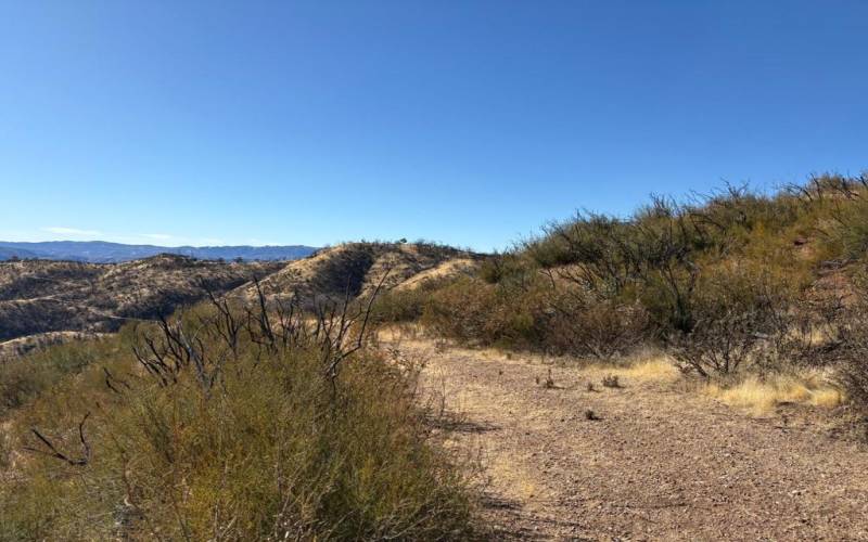 About half way up the dirt driveway, distant mountain and canyon views