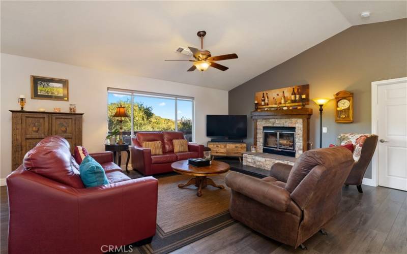 Family room area with wood burning fireplace