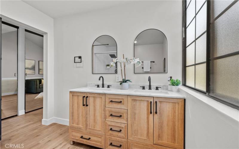 Primary bathroom with new dual vanities.