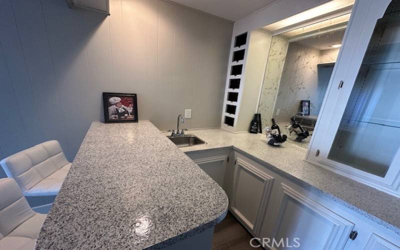 Wet bar with new stainless steel sink and faucet.