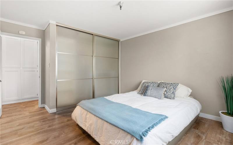 Wardrobe closet with organizing shelves.