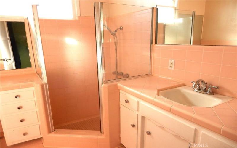 Bathroom with sunken shower for privacy.