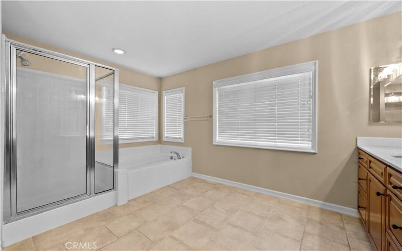 Primary bathroom with separate soaking tub and walk in shower.