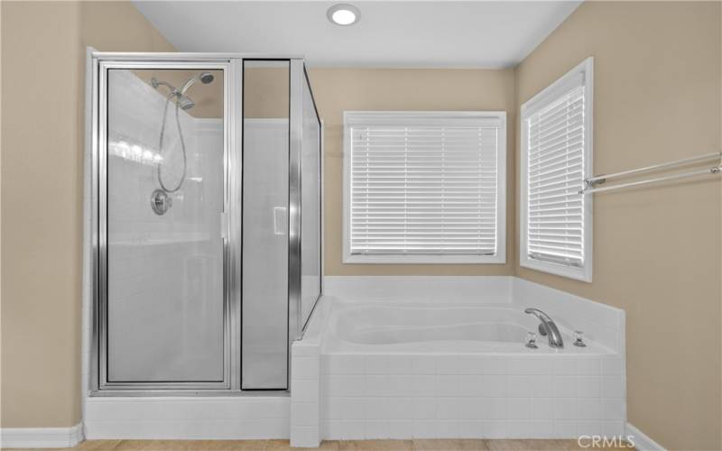 Separate walk in shower and soaking bathtub