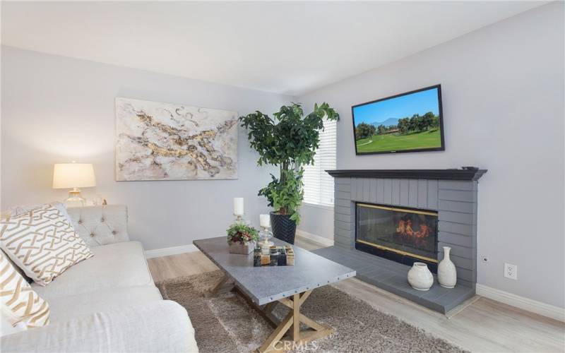 Cozy fireplace in living area-open to kitchen and dining area