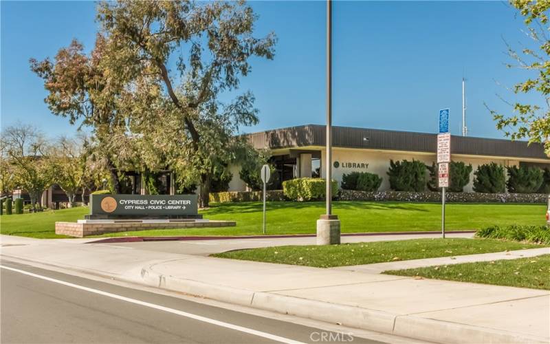 Cypress Public Library and tennis courts located in the Civic Center area.