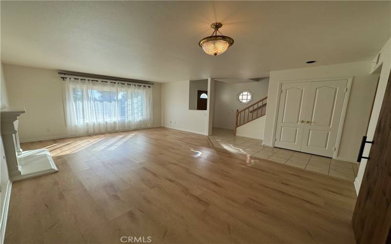 Main living space with fireplace.