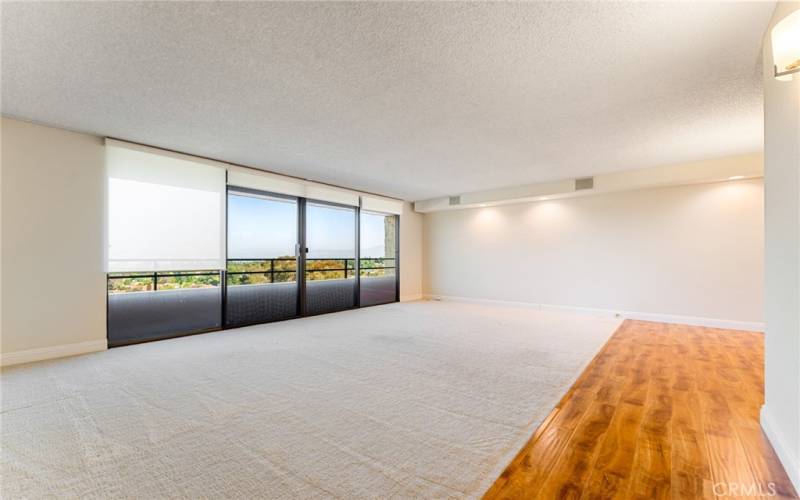 Entry with wood like floor and neutral carpet