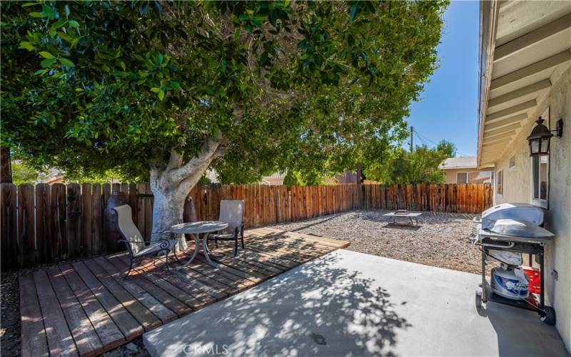 Backyard oasis.  Large tree surrounded by a wooden deck area.  Perfect for entertaining.