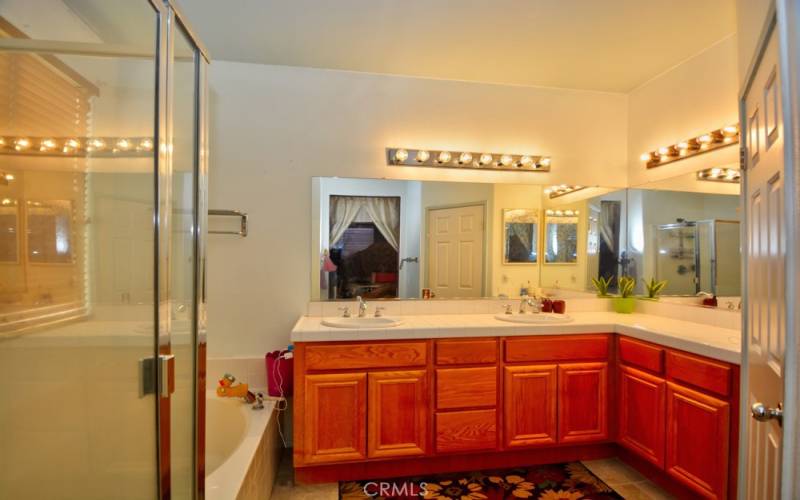 Master Bath view of Walkin Shower, Double Sink, Vanity Area Private Toilet entry