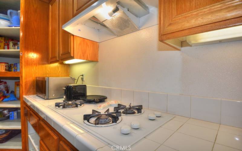 Kithcen Range Cook Top, open pantry, 4 burner gas cooktop, Hood, and Flourescent Under-Cabinet Task Lighting