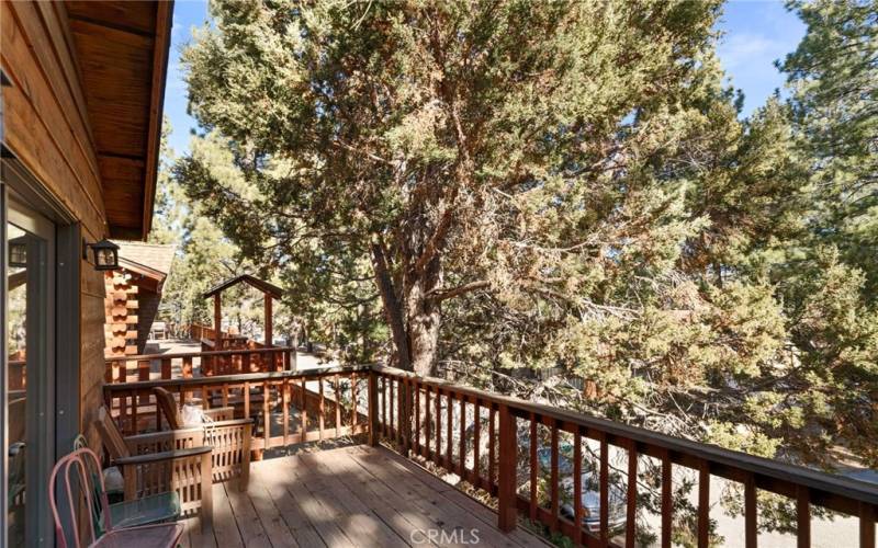 Upstairs balcony. Watch the squirrels play tag in the trees, or shill and read a book.