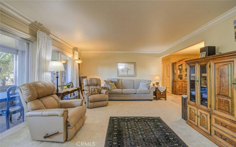 LIVING ROOM FROM FRONT ENTRANCE, Textured Ceiling & Crown Moulding