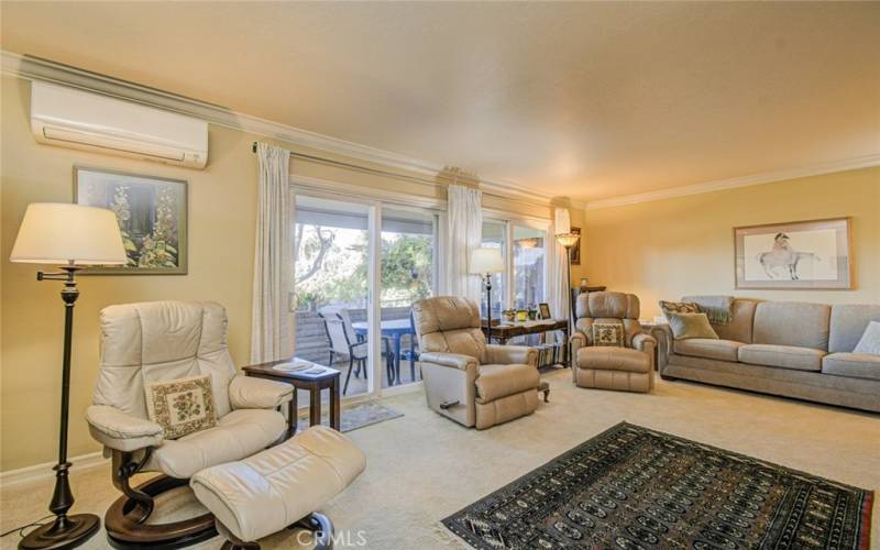 LIVING ROOM WITH CROWN MOLDING & MINI-SPLIT SYSTEM, PLUSH CARPET