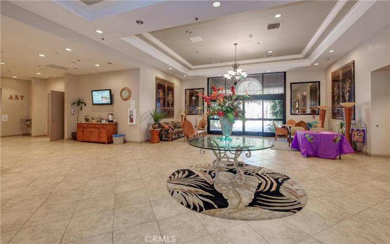 Clubhouse lobby with auditorium on the right.