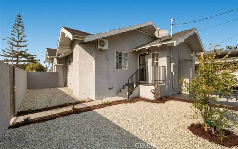 Landscaped backyard with Olive tree and drought tolerant landscaping