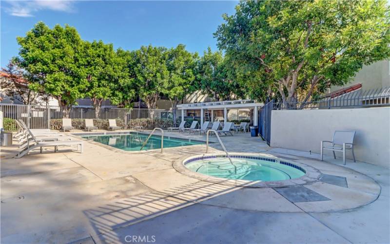 Pool and jacuzzi.  There are covered tables behind the lounge chairs.