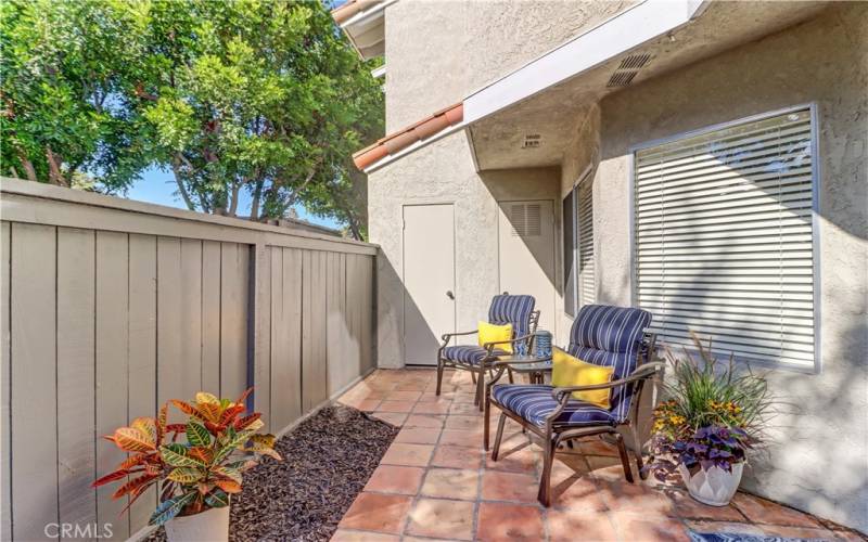 Patio area has a locking storage closet and water heater closet.