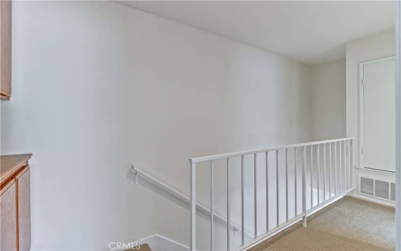 Storage cabinets at top of stairs.