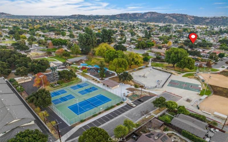 Directly across the street from Glendoras Finkbiner Park, tennis, pickle ball, basketball, a skate park, baseball and much more for the community.