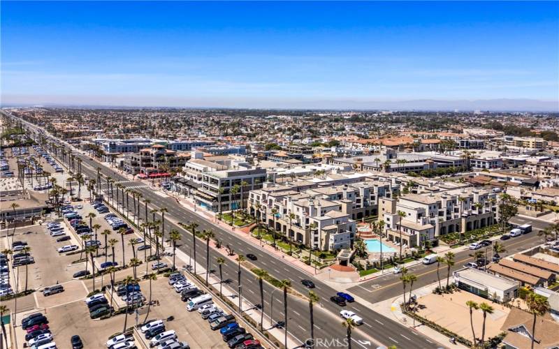 Aerial view of Downtown HB and surrounding homes and businesses