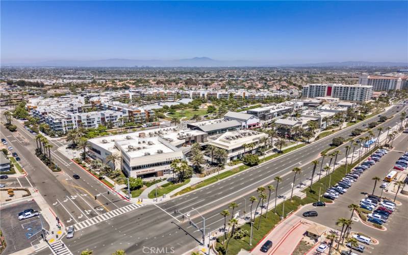 Aerial view from Pacific City to the Hilton hotel in Downtown Huntington Beach!