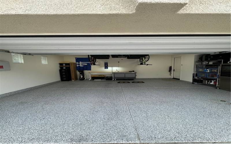 Deep Two Car Garage with storage and epoxy floors