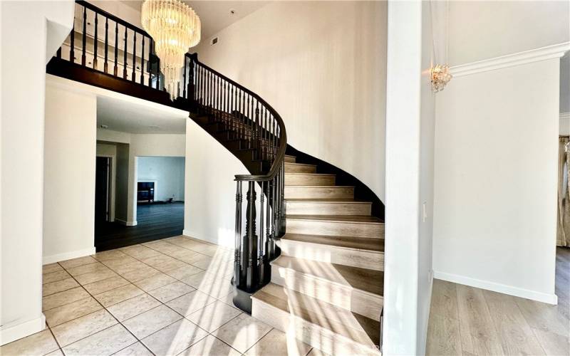 Curbed Staircase with Chandeliers