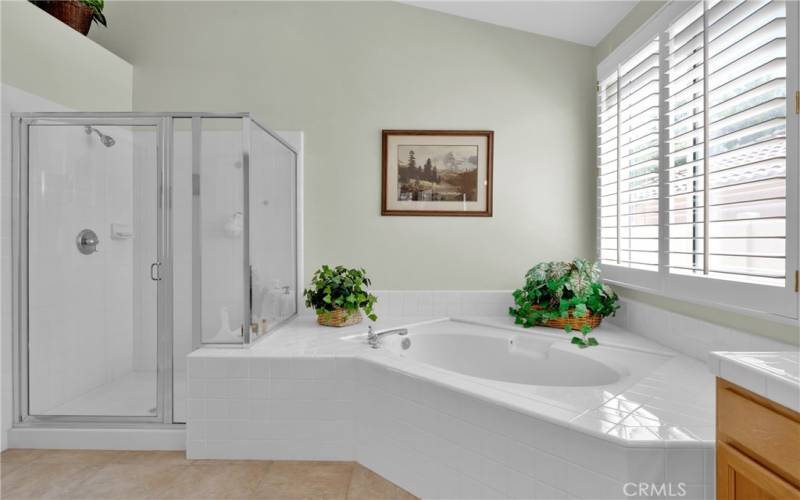 En suite bathroom with ovesized tub and shower.