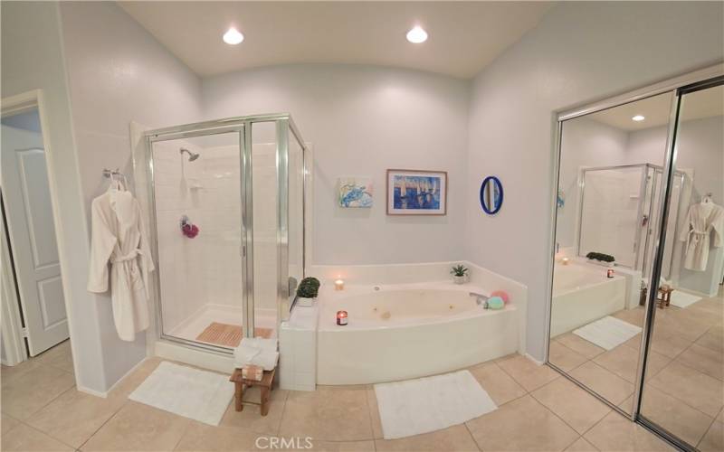 Master luxury ensuite bathroom with sauna-like shower and jacuzzi tub, recently upgraded, white quartz counters, painted cabinets, sinks, light fixtures