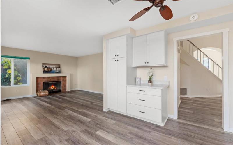 A built-in desk area adds functionality along with a breakfast eating area.