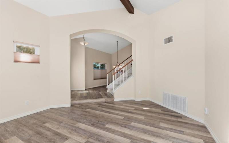 Another view of the living room looking out into dining area.