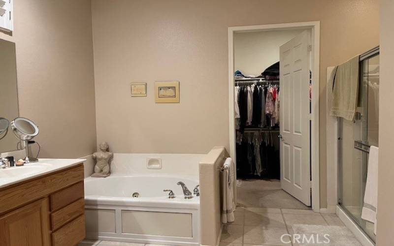 Huge Primary Bathroom with Double-Sinks, Walk-in Shower and Jetted Tub with Huge Closet through the open door