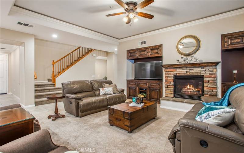 Crown molding, cozy fireplace