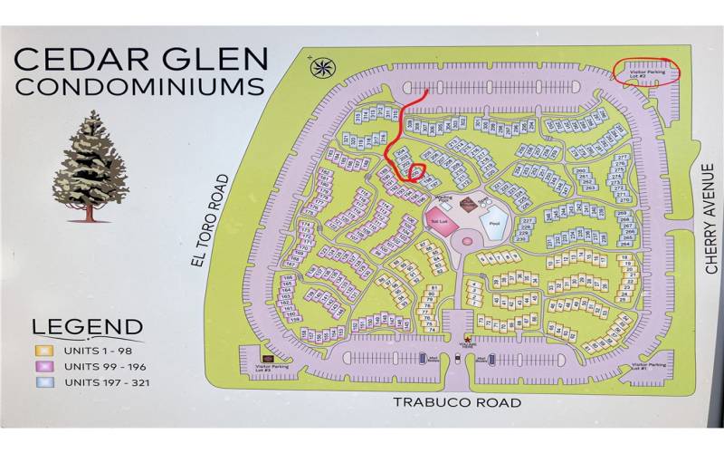 The Cedar Glen map shows the path from the assigned parking space and carport to the property. There is plenty of parking for guests or additional permitted parking in one of the 3 guest lots (lot #2 being the closest).