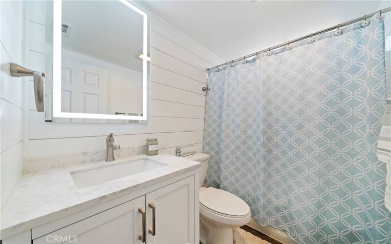 Hall Bath with Ship Lap walls, newer counter top.  Tub/Shower combination