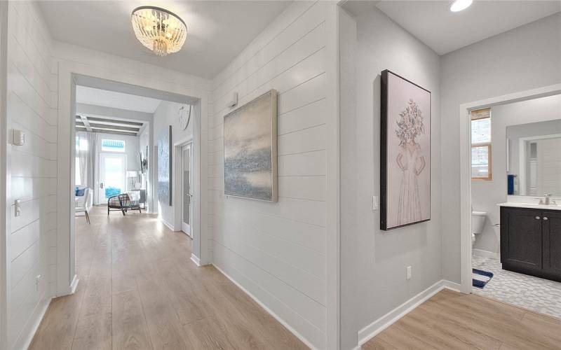 Foyer - view of bathroom and living room area