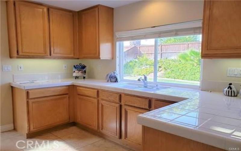 Kitchen window looks out to lush backyard